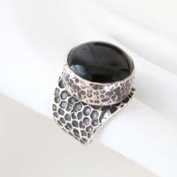 Hammered Thick Sterling Silver Band Ring with Black Onyx Gemstone