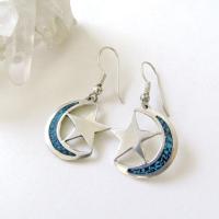 Sterling Silver Crescent Moon & Star Earrings with Inlaid Mosaic Turquoise - Celestial Jewelry