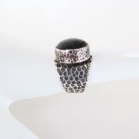 Hammered Thick Sterling Silver Band Ring with Black Onyx Gemstone