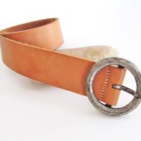 Vintage Tan Leather Belt with Hammered Silver Tone Metal Buckle - Women's Waist Belt - Vintage Fashion
