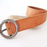Vintage Tan Leather Belt with Hammered Silver Tone Metal Buckle - Women's Waist Belt - Vintage Fashion