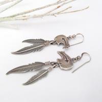 Sterling Silver Zuni Bear Earrings with Dangling Feathers - Vintage Southwestern Fetish Jewelry