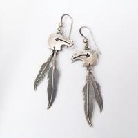 Sterling Silver Zuni Bear Earrings with Dangling Feathers - Vintage Southwestern Fetish Jewelry