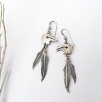 Sterling Silver Zuni Bear Earrings with Dangling Feathers - Vintage Southwestern Fetish Jewelry