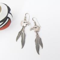 Sterling Silver Zuni Bear Earrings with Dangling Feathers - Vintage Southwestern Fetish Jewelry