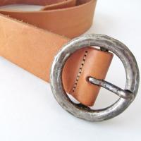 Vintage Tan Leather Belt with Hammered Silver Tone Metal Buckle - Women's Waist Belt - Vintage Fashion