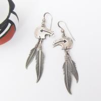 Sterling Silver Zuni Bear Earrings with Dangling Feathers - Vintage Southwestern Fetish Jewelry