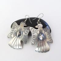 Large Sterling Silver Thunderbird Earrings with Repousee & Stamped Texture  - Southwestern Native American Tim Yazzie Jewelry