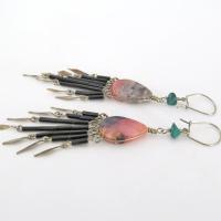 Long Bohemian Gypsy Fringe Dangle Earrings with Pink Rhodochrosite Stones - Vintage Boho Hippie Fashion Jewelry