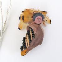 Native American Doll Fimo Clay Pin Brooch with Real Feather Headdress 