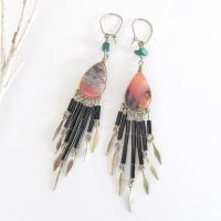 Long Bohemian Gypsy Fringe Dangle Earrings with Pink Rhodochrosite Stones - Vintage Boho Hippie Fashion Jewelry