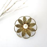 Vintage Brass Flower Scarf Pin Brooch with White Pearl - Vintage Floral Botanical Nature Jewelry