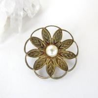 Vintage Brass Flower Scarf Pin Brooch with White Pearl - Vintage Floral Botanical Nature Jewelry