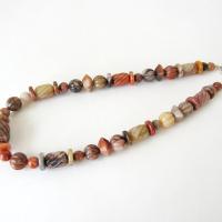 Carved Multi Stone Beaded Necklace with Beige Orange Brown Agate & Jasper Stones  