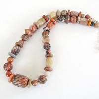 Carved Multi Stone Beaded Necklace with Beige Orange Brown Agate & Jasper Stones  