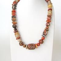 Carved Multi Stone Beaded Necklace with Beige Orange Brown Agate & Jasper Stones  