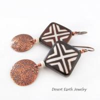 African Batik Bone Earrings with Hand Stamped Copper Dangles - Handmade Boho Hippie Tribal Jewelry