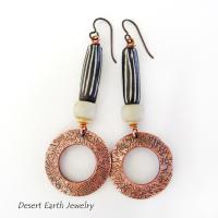 Copper Hoop Dangle Earrings with African Batik Bone Beads - Boho Hippie African Tribal Style Jewelry