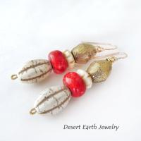 African Brass Tribal Earrings with Red Coral & Beige Magnesite Stones - Unique Boho Chic Tribal Jewelry