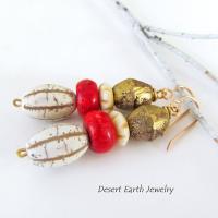 African Brass Tribal Earrings with Red Coral & Beige Magnesite Stones - Unique Boho Chic Tribal Jewelry