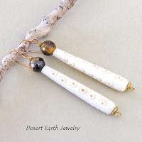 Long African Carved Bone Earrings with Faceted Brown Tiger's Eye Gemstones