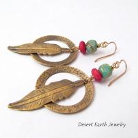 Long Brass Feather Hoop Earrings with Turquoise & Red Beads - Handmade Boho Southwest Jewelry