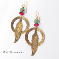 Long Brass Feather Hoop Earrings with Turquoise & Red Beads - Handmade Boho Southwest Jewelry