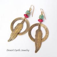 Long Brass Feather Hoop Earrings with Turquoise & Red Beads - Handmade Boho Southwest Jewelry