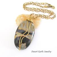 Wire Wrapped Picasso Jasper Pendant Necklace on Brass Chain - Earthy Natural Stone Jewelry