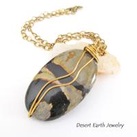 Wire Wrapped Picasso Jasper Pendant Necklace on Brass Chain - Earthy Natural Stone Jewelry