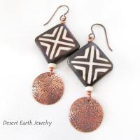 African Batik Bone Earrings with Hand Stamped Copper Dangles - Handmade Boho Hippie Tribal Jewelry