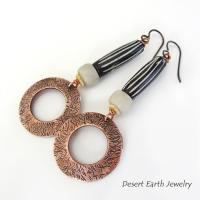 Copper Hoop Dangle Earrings with African Batik Bone Beads - Boho Hippie African Tribal Style Jewelry