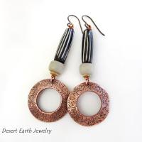Copper Hoop Dangle Earrings with African Batik Bone Beads - Boho Hippie African Tribal Style Jewelry