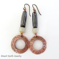 Copper Hoop Dangle Earrings with African Batik Bone Beads - Boho Hippie African Tribal Style Jewelry