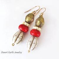 African Brass Tribal Earrings with Red Coral & Beige Magnesite Stones - Unique Boho Chic Tribal Jewelry