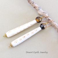 Long African Carved Bone Earrings with Faceted Brown Tiger's Eye Gemstones