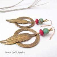 Long Brass Feather Hoop Earrings with Turquoise & Red Beads - Handmade Boho Southwest Jewelry