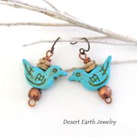 Blue Bird Earrings with Turquoise Magnesite & Copper Beads - Birdwatcher / Bird Lover Gifts
