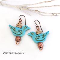 Blue Bird Earrings with Turquoise Magnesite & Copper Beads - Birdwatcher / Bird Lover Gifts