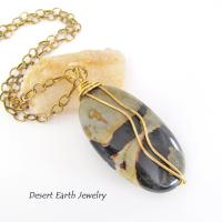 Wire Wrapped Picasso Jasper Pendant Necklace on Brass Chain - Earthy Natural Stone Jewelry