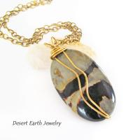 Wire Wrapped Picasso Jasper Pendant Necklace on Brass Chain - Earthy Natural Stone Jewelry