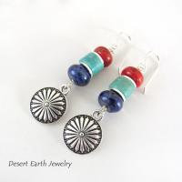 Colorful Boho Southwestern Silver Concho Earrings with Turquoise, Red Coral & Lapis Stones