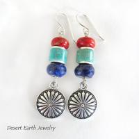 Colorful Boho Southwestern Silver Concho Earrings with Turquoise, Red Coral & Lapis Stones