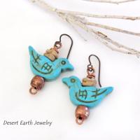 Blue Bird Earrings with Turquoise Magnesite & Copper Beads - Birdwatcher / Bird Lover Gifts