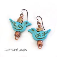 Blue Bird Earrings with Turquoise Magnesite & Copper Beads - Birdwatcher / Bird Lover Gifts