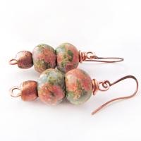 Unakite Stone Earrings with Copper Beads - Handmade Earthy Natural Stone Jewelry