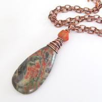 Rhyolite Jasper Pendant Necklace with Coral on Copper Chain - Earthy Wire Wrapped Stone Jewelry