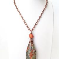 Rhyolite Jasper Pendant Necklace with Coral on Copper Chain - Earthy Wire Wrapped Stone Jewelry