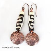 Copper Dangle Earrings with African Batik Bone Beads - Handmade Ethnic Boho Tribal Jewelry