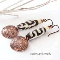 Copper Dangle Earrings with African Batik Bone Beads - Handmade Ethnic Boho Tribal Jewelry